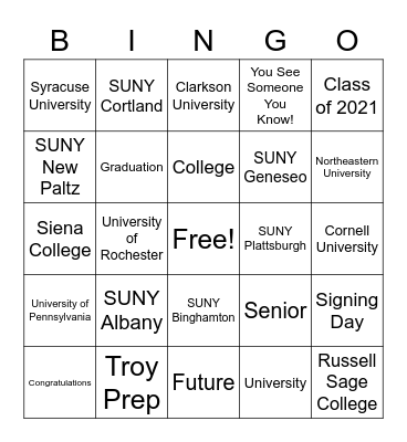 College Signing Day Bingo Card