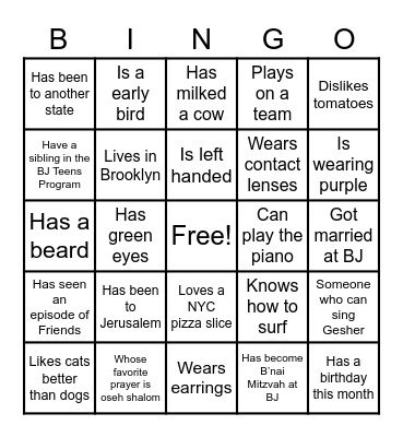 Stay For Shabbat Human Bingo Card