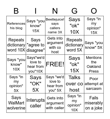 Pat Caputo Bingo Card