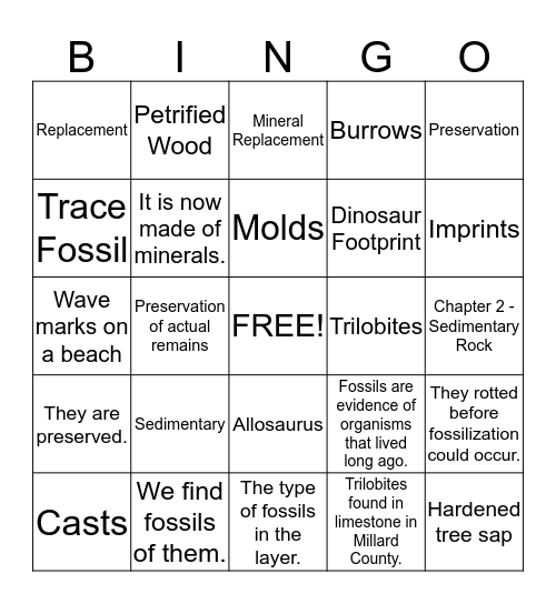 FOSSIL BINGO Card