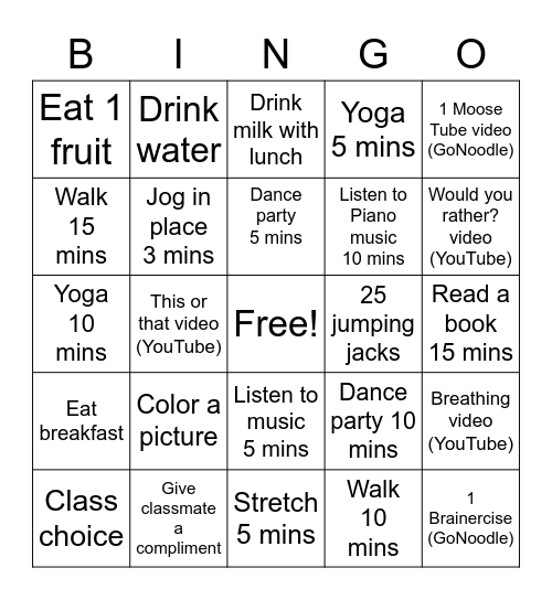Student Wellness Bingo Wk #2 Bingo Card
