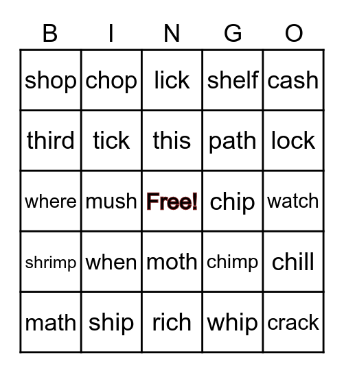 Digraph Bingo Card