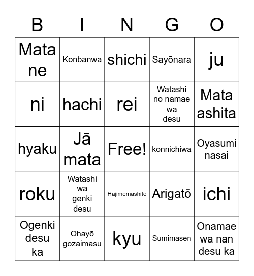 Japanese Greetings and Numbers Bingo Card