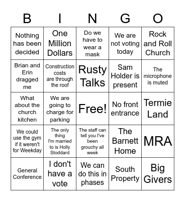 Church Capital Campaign Meeting Bingo Card