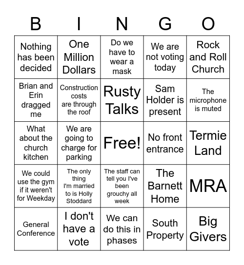 Church Capital Campaign Meeting Bingo Card