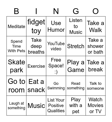 Positive Coping Skills Bingo Card