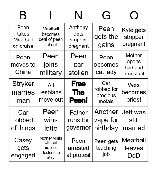 Peen Bingo Card
