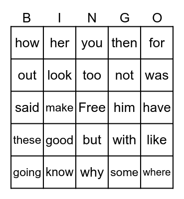 Heart Words Bingo Card