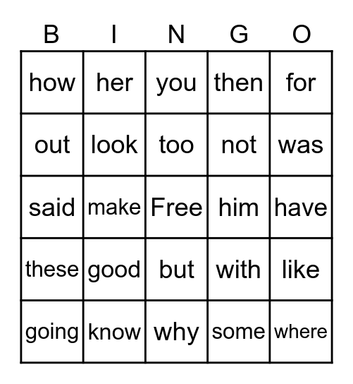 Heart Words Bingo Card