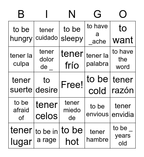 Idioms with TENER Bingo Card