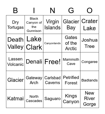 National Parks Bingo Card