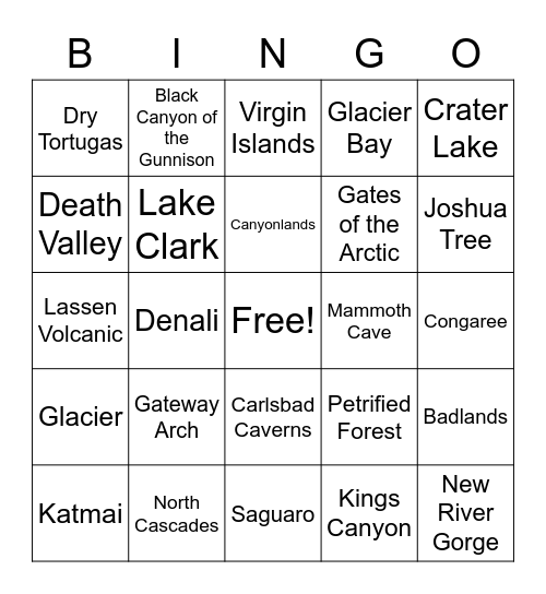 National Parks Bingo Card