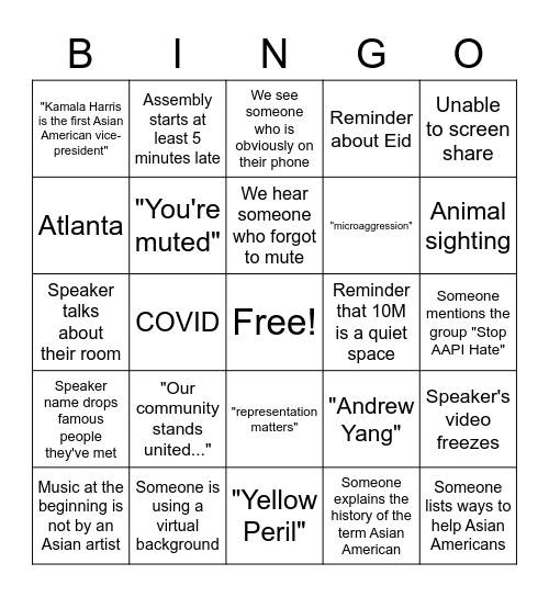 Assembly Bingo Card