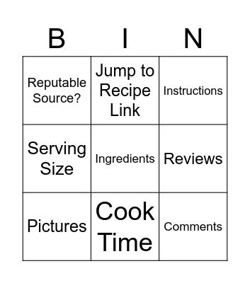 Online Recipes Bingo Card