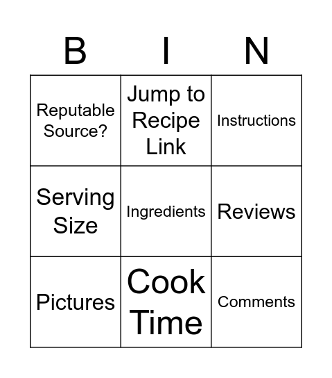 Online Recipes Bingo Card