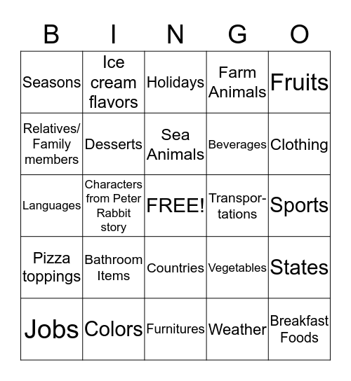 Category Bingo Card