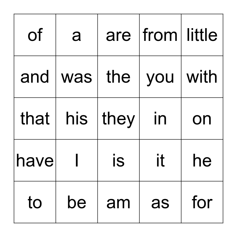 Sight Word Bingo 1E Bingo Card