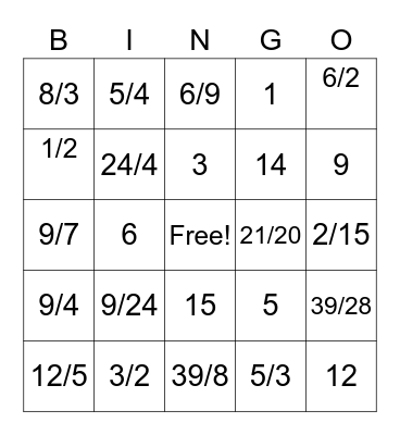 Dividing Fractions Bingo Card