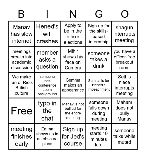 Official PBL Meeting Bingo Card