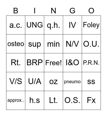 CNA Abbreviations BINGO Card