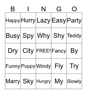 Words with "Y" Endings Bingo Card