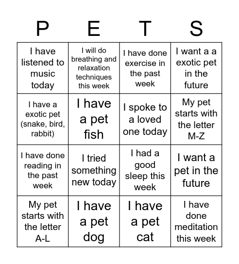 Pet Wellness Bingo Card