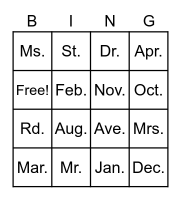 Abbreviation Bingo Card