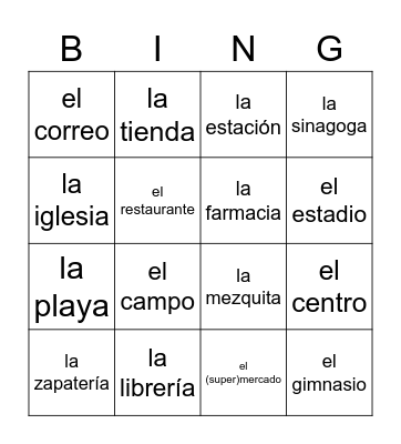 Places vocabulary Spanish Realidades Bingo Card