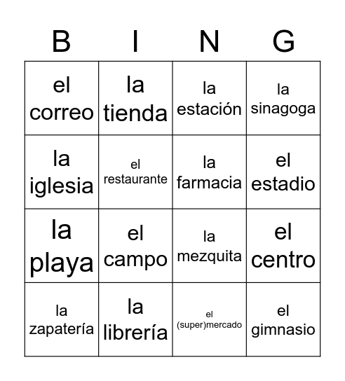 Places vocabulary Spanish Realidades Bingo Card