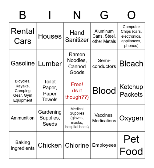 Supply Shortage BINGO Card