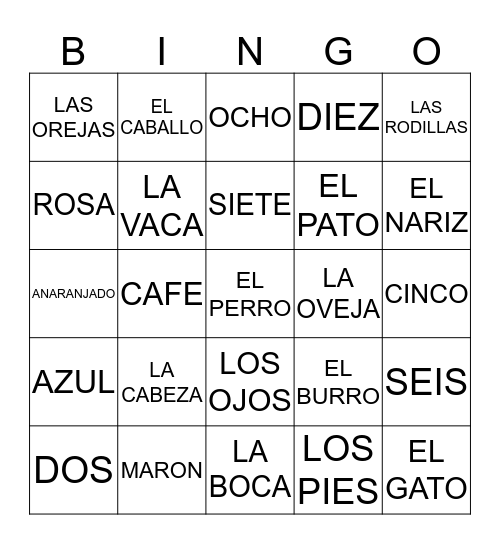 SPANISH BINGO Card