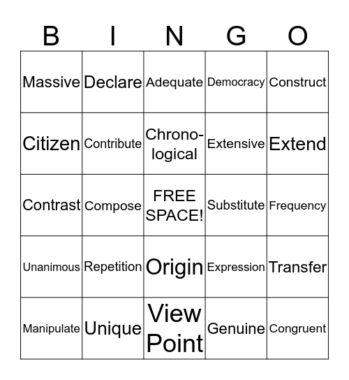 Vocabulary Bingo Card