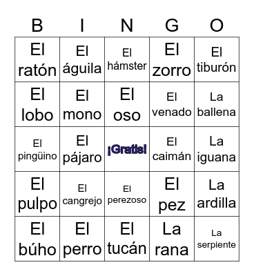 Animales Bingo Card