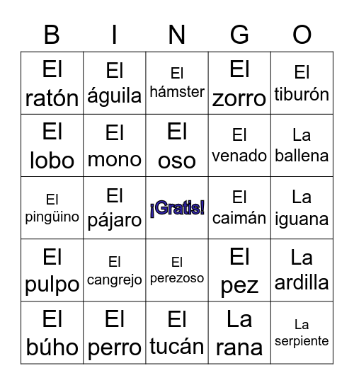 Animales Bingo Card