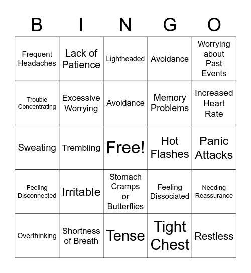 Recognizing Anxiety Bingo Card