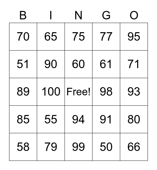 Math 50-100 Bingo Card