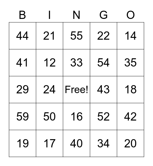 Two Digit Bingo Card