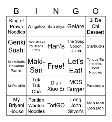Hillion Mall Food Bingo Card