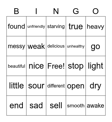 Antonym BINGO Card