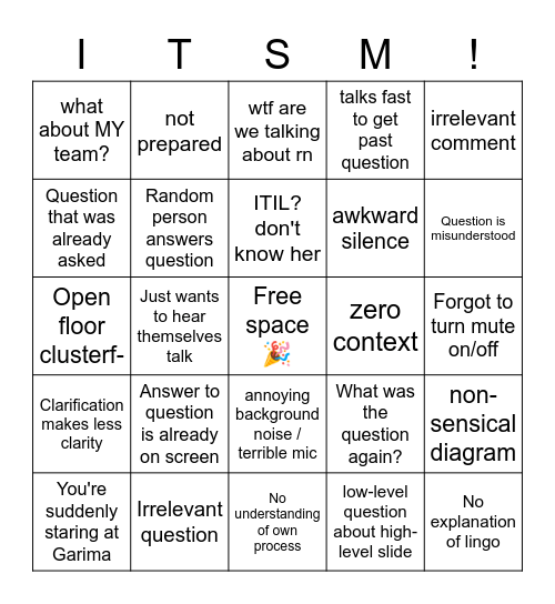 ITSM Workshop Bingo Card