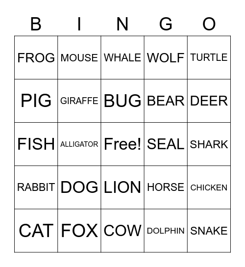 ASL ANIMAL BINGO Card