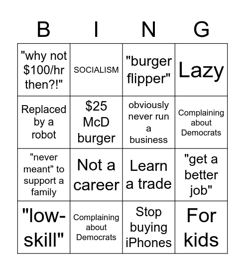 Minimum Wage Boomer Comment Bingo Card