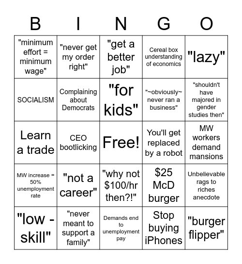 Minimum Wage Boomer Comments Bingo Card