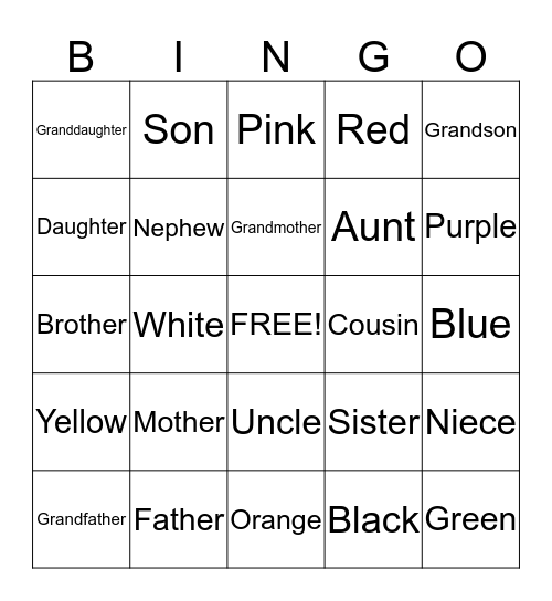 Family and Colors Bingo Card