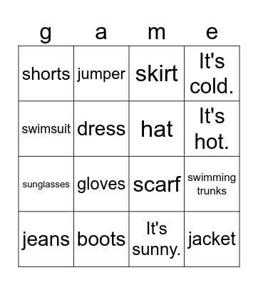 Clothes Bingo! Bingo Card