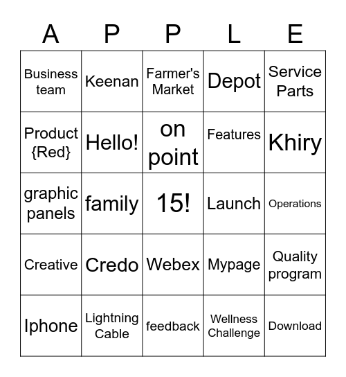 Suburban Square Apple Bingo Card