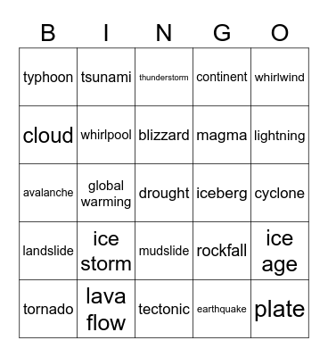 Natural disasters Bingo Card