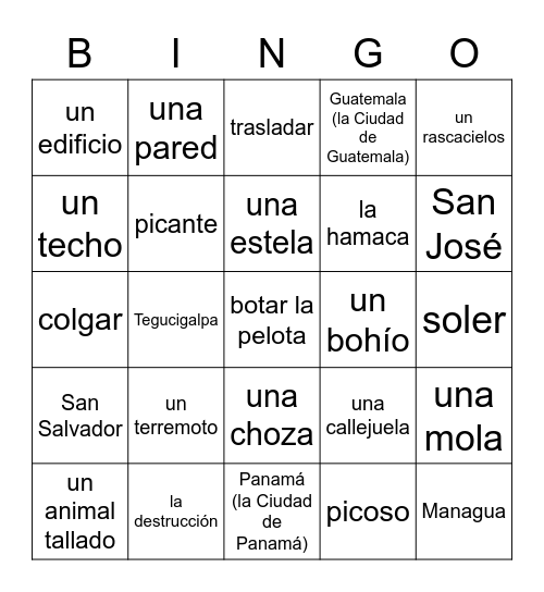 El vocabulario de la América Central Bingo Card