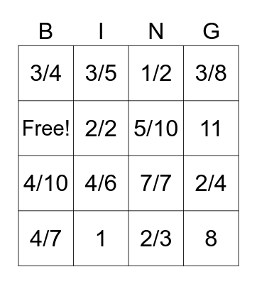 Fraction Bingo Card