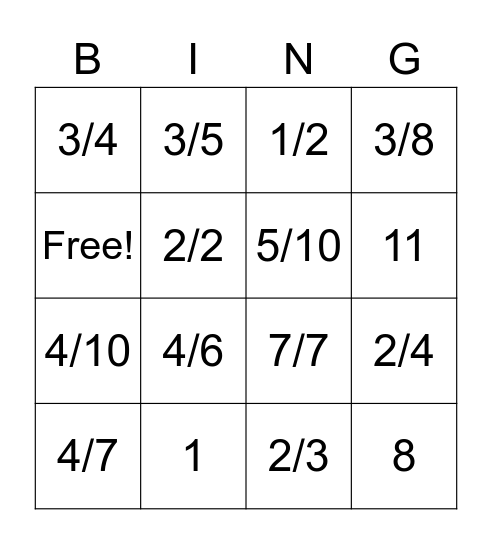 Fraction Bingo Card